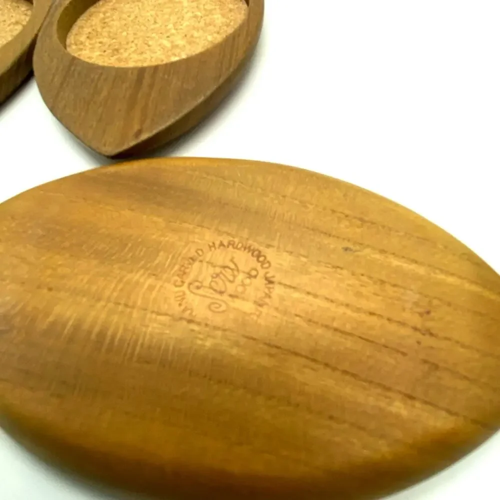 Sixties Hand carved Japan Hardwood & Cork Eye Coasters 8 Mid-Century Mod Sere‎